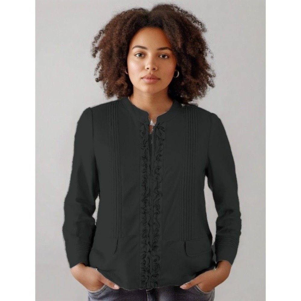 Conrad C P-leather Jacket Size 16 Black Ruffle Zip Front Long Sleeve Collarless